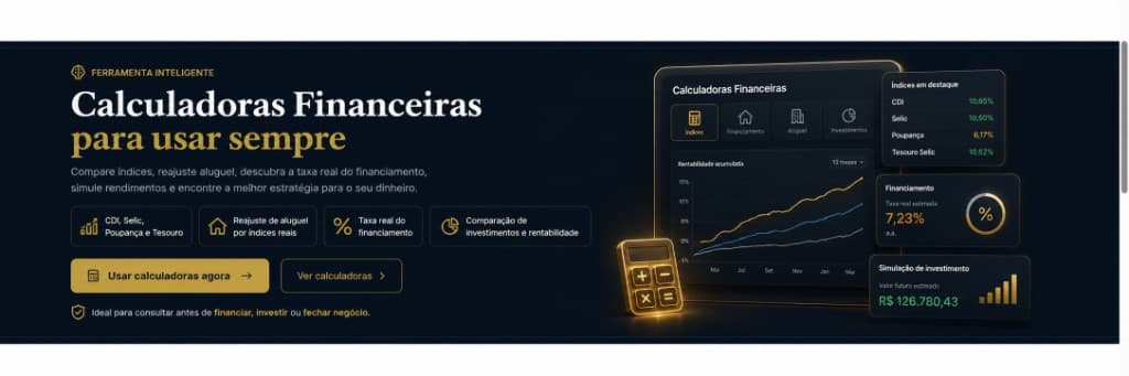 Painel ilustrativo das calculadoras financeiras com índices, gráficos e simulações